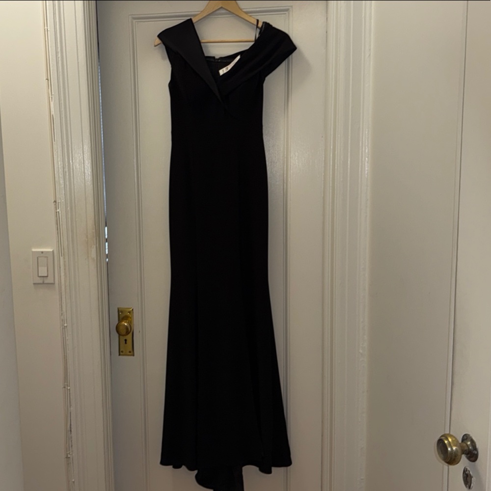 Xscape Black Asymmetrical Off-Shoulder Gown